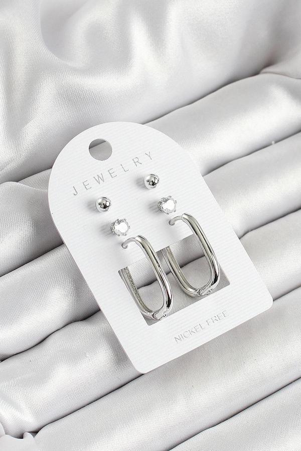 Pirinç Zirkon Taş Ve Dikdörtgen Figürlü Gümüş Renk 3'lü Çift Kadın Küpe Set - Image 1