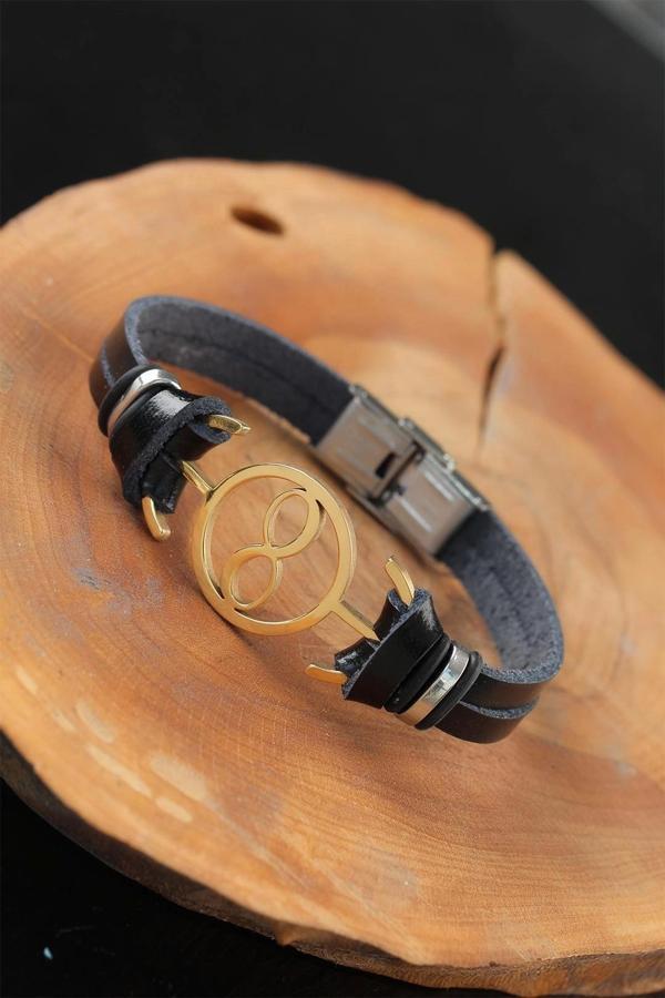 Gold Renk Sonsuzluklu Metal Aksesuarlı Siyah Renk Deri Erkek Bileklik - Image 1
