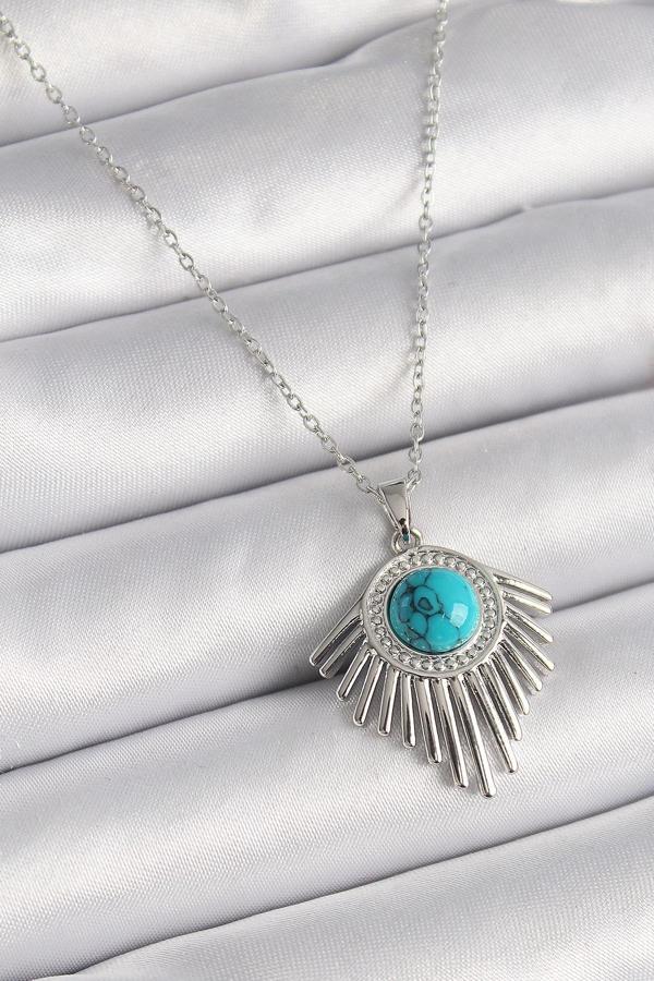 316L Çelik Gümüş Renk Zincir Mavi Boncuklu Zirkon Taşlı Kadın Kolye - Image 1