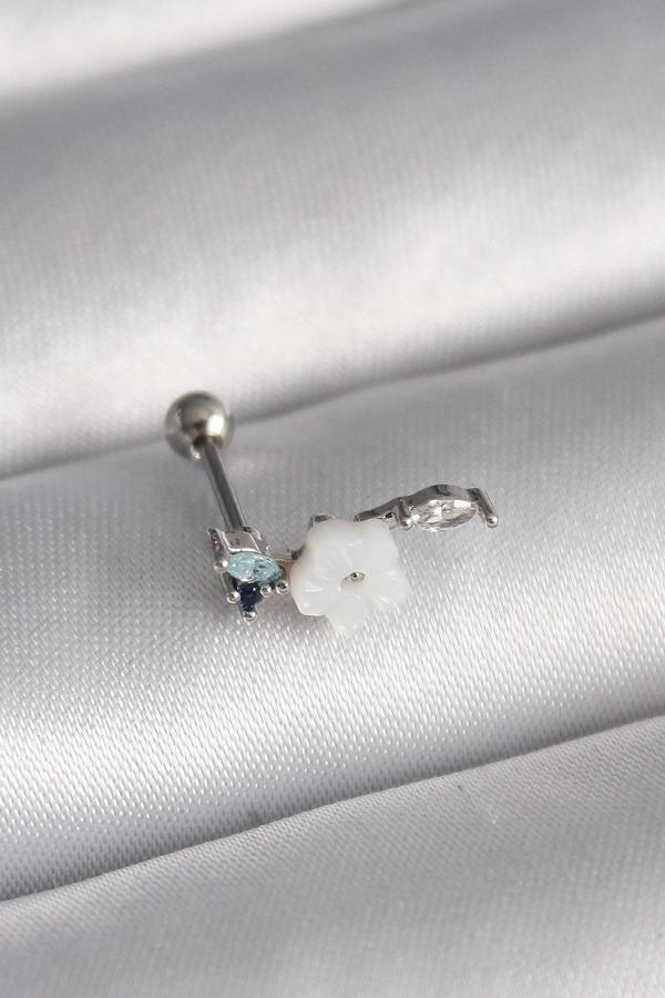 316L Çelik Gümüş Renk Zirkon Taş Detay Beyaz Çiçek Model Tragus Piercing - Image 1
