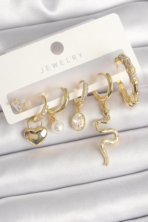 Pirinç Gold Renk Sallantı Yılan Model Zirkon Taşlı Halka Kilit Kalp Detay Kadın Küpe Seti - Image 1