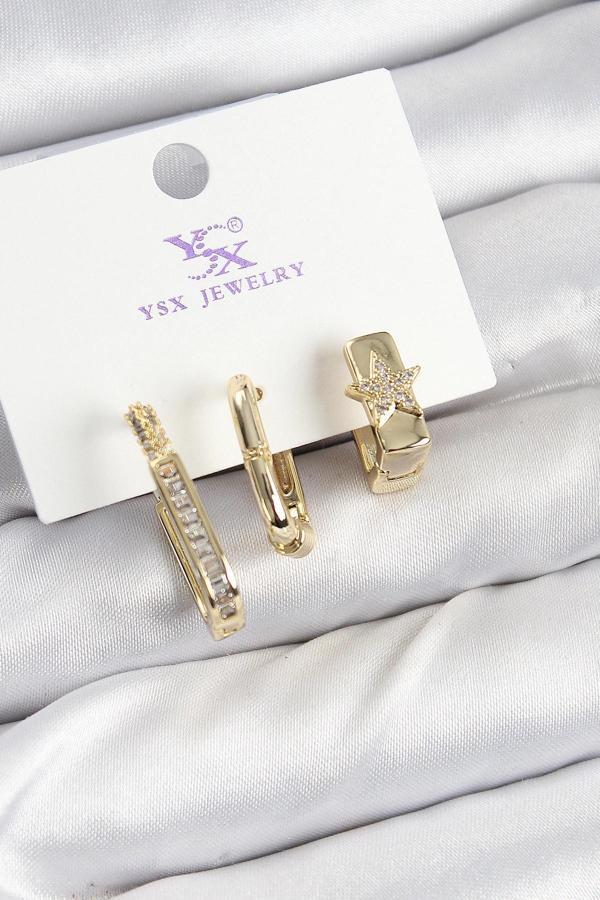 Pirinç Zİrkon Taşlı Yıldız Model Gold Renk 3'lü Kadın Küpe - Image 1
