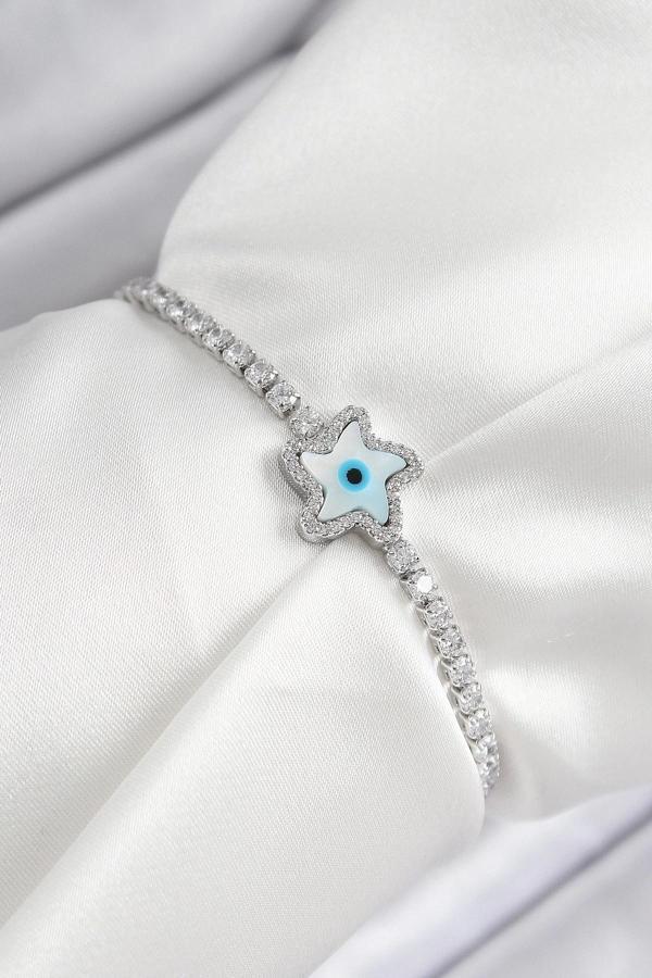 Pirinç Zirkon Taşlı Nazar Yıldız Model Gümüş Renk Asansörlü Kadın Bileklik - Image 1