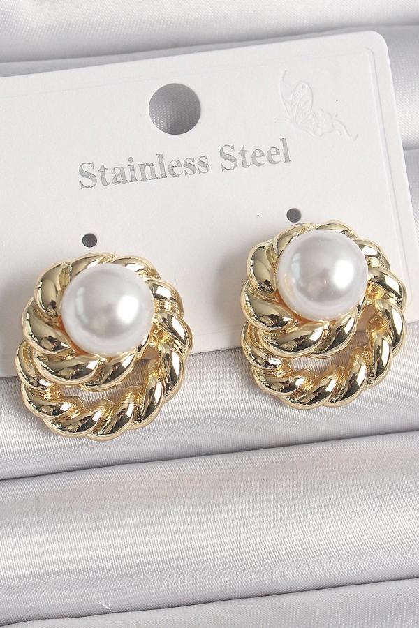 Pirinç Gold Renk İncili Sarmal Burgu Model Kadın Küpe - Image 1