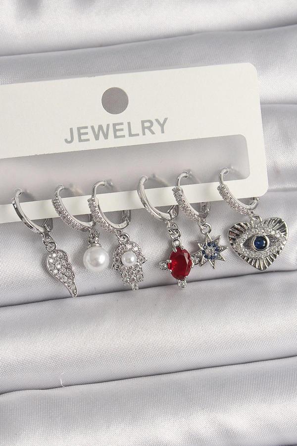 Pirinç Gümüş Renk Sallantı Zirkon Taşlı Fatma Ana El Figür Kadın Küpe Seti - Image 1