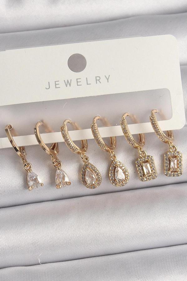 Pirinç Gold Renk Sallantı Zirkon Taşı Damla Model Kadın Küpe Seti - Image 1