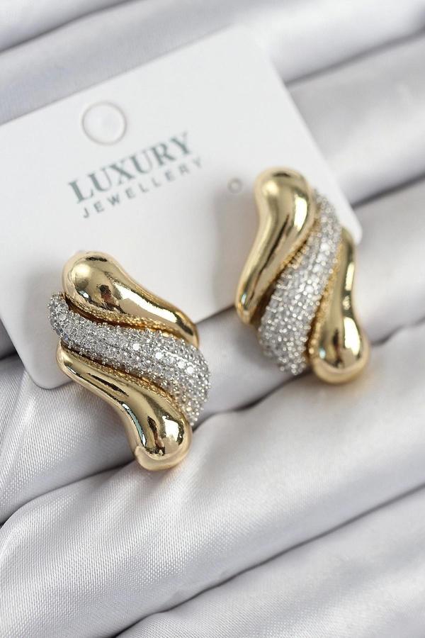 Pirinç Zirkon Taşlı Kıvrım Model Gold Renk Kadın Küpe - Image 1