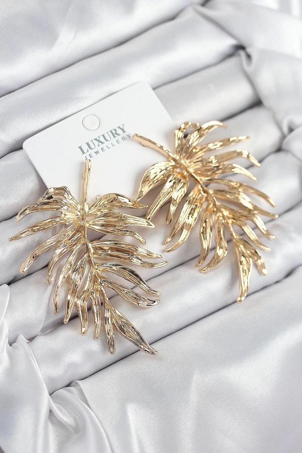 Pirinç Yaprak Model Gold Renk Kadın Küpe - Image 1