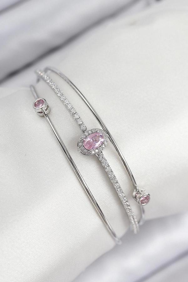 Pirinç Zirkon Taşlı Baget Model Gümüş Renk Kadın Bileklik - Image 1