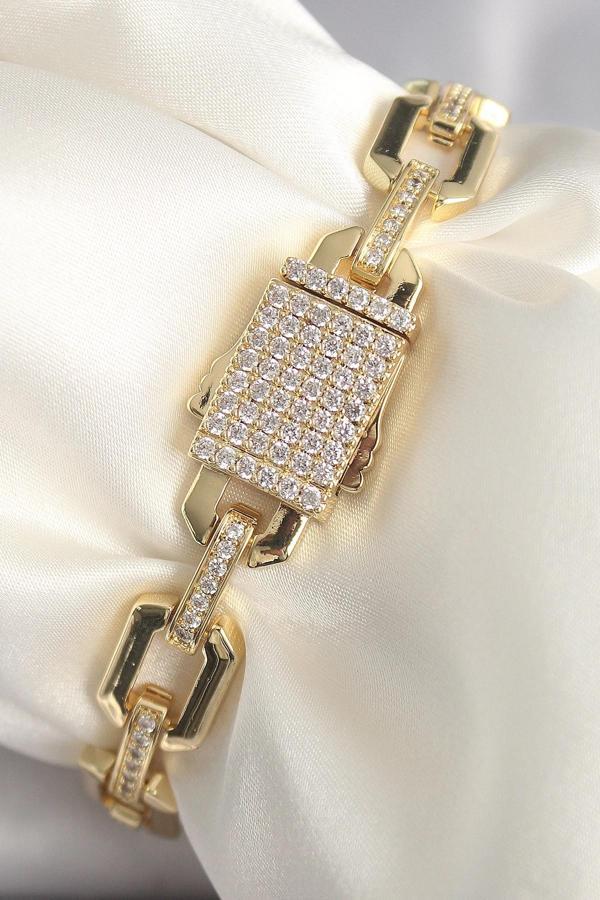 Pirinç Gold Renk Zirkon Taş Detaylı Kare Zincir Model Xuping VIP Exculusive Seri Kadın Bileklik - Image 1