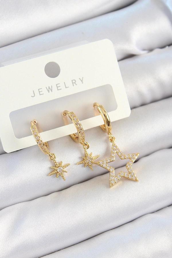 Pirinç Zirkon Taşlı Yıldız Model Gold Renk 3'lü Çift Kadın Küpe Set - Image 1