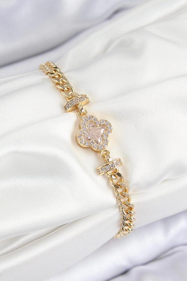 Pirinç Zirkon Taşlı Yonca Model Gold Renk Kadın Bileklik - Image 1
