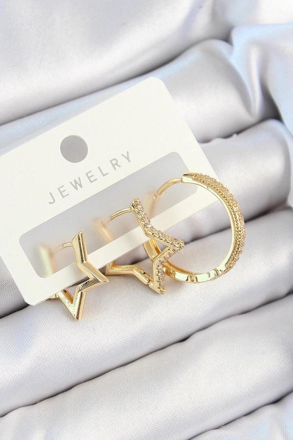 Pirinç Zirkon Taşlı Yıldız Ve Halka Model Gold Renk 3'lü Çift Kadın Küpe Set - Image 1