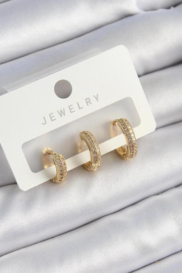 Pirinç Zirkon Taşlı Yıldız Model Gold Renk 3'lü Çift Kadın Küpe Set - Image 1