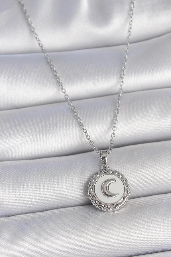 316L Çelik Gümüş Renk Zincir Beyaz Mineli Hilal İşlemeli Madalyon Model Kadın Kolye - Image 1