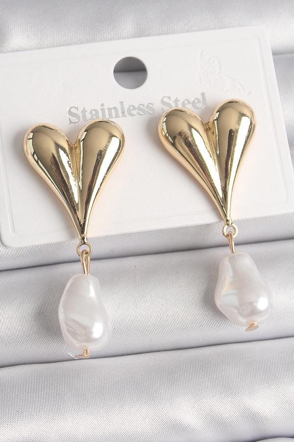 Pirinç Gold Renk Kalp Model Sallantı İnci Damla Model Kadın Küpe - Image 1