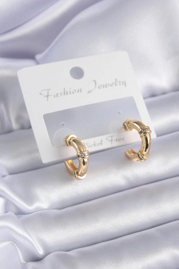 Gold Renk Zirkon Taş Detay Halka Model Pirinç Kadın Küpe - Image 1