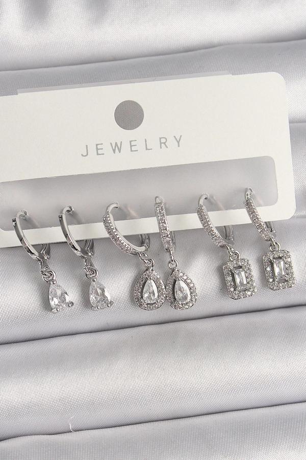 Pirinç Gümüş Renk Sallantı Zirkon Taşlı Damla Model Kadın Küpe Seti - Image 1