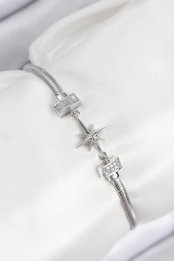 Pirinç Zirkon Taşlı Kutup Yıldızı Model Gümüş Renk Kadın Bileklik - Image 1
