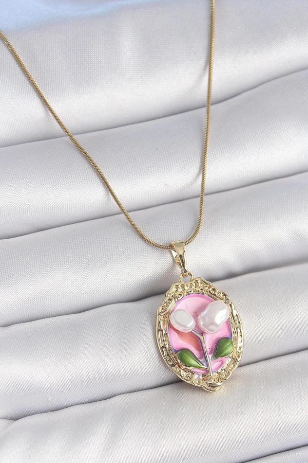 316L Çelik Gold Renk Zincir Pembe Mineli İncili Çiçek İşlemeli Portre Model Kadın Kolye - Image 1