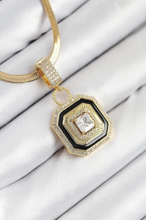 316L Çelik Zirkon Taşlı Siyah Detaylı Baget Model Gold Renk Kadın Kolye - Image 1