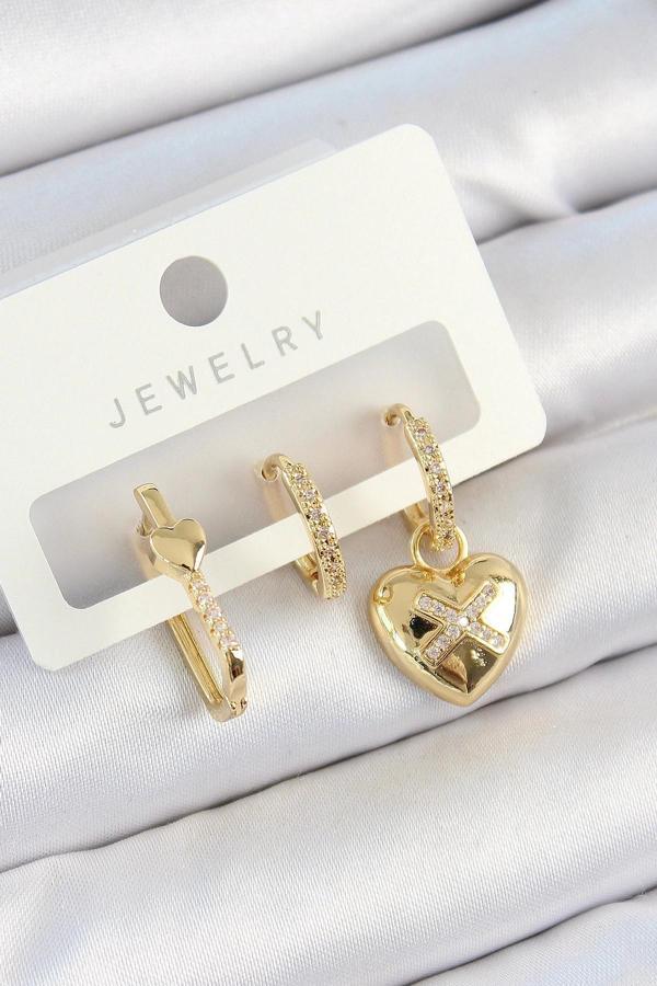 Pirinç Zirkon Taşlı Kalp Model Gold Renk 3'lü Çift Kadın Küpe Set - Image 1