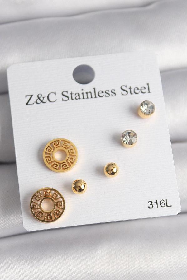 316L Çelik Gold Renk Zirkon Taşı Labirent Model Kadın Küpe Seti - Image 1
