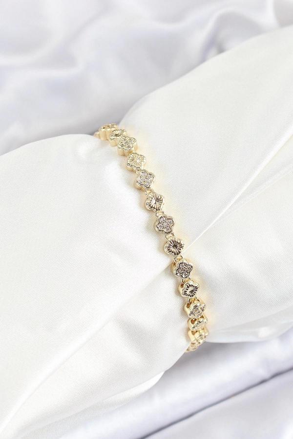 Pirinç Yonca Model Zirkon Taşlı Gold Renk VİP Seri Kadın Bileklik - Image 1