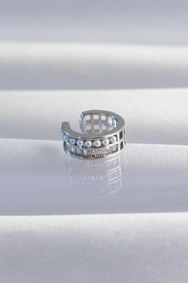 Pirinç Gümüş Renk İncili Baget Taşlı Earcuff Küpe - Image 1