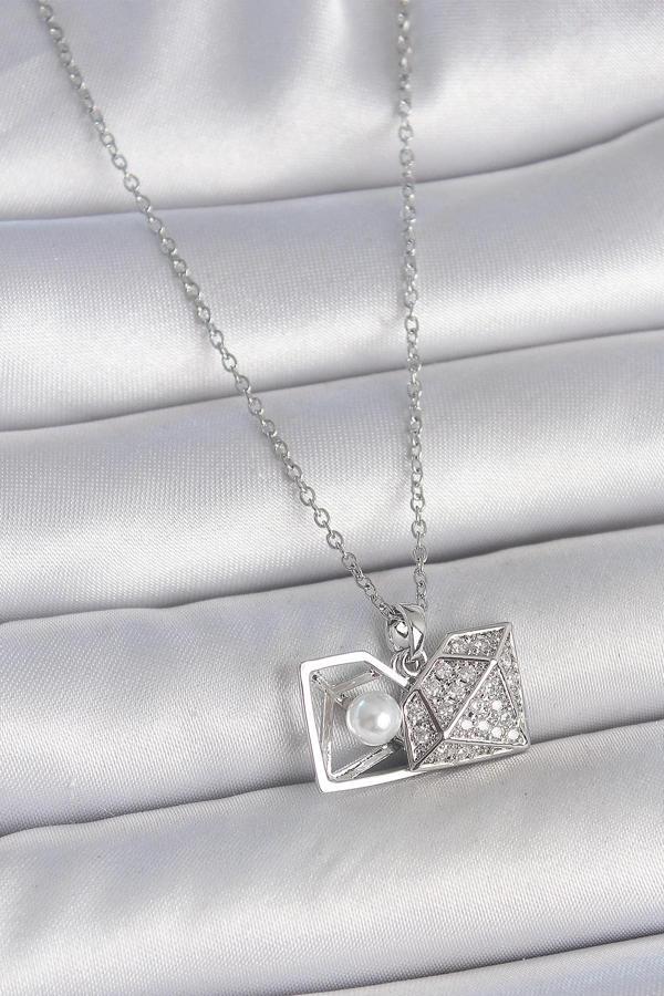 316L Çelik Gümüş Renk Zincir Zirkon Taşlı İncili Açılır Elmas Model Kadın Kolye - Image 1