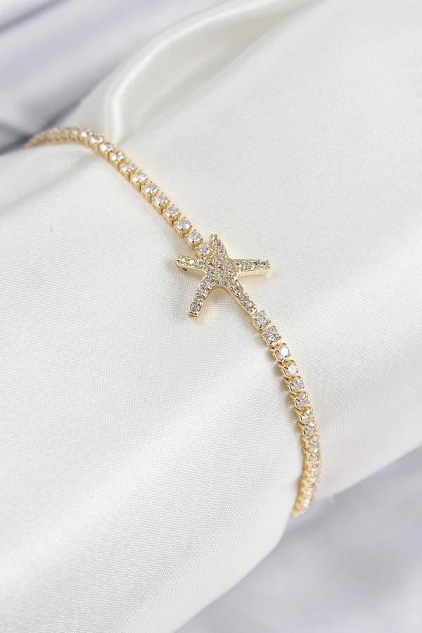 Pirinç Zirkon Taşlı Deniz Yıldızı Model Gold Renk Kadın Bileklik - Image 1