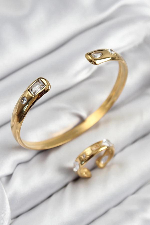 Pirinç Zirkon Taşlı Ayrık Model Gold Renk Bileklik Yüzük Set - Image 1