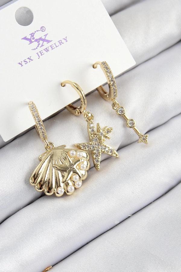 Pirinç Zirkon Taşlı 3'lü İstiridye Ve Yıldız Model Gold Renk Kadın Küpe - Image 1