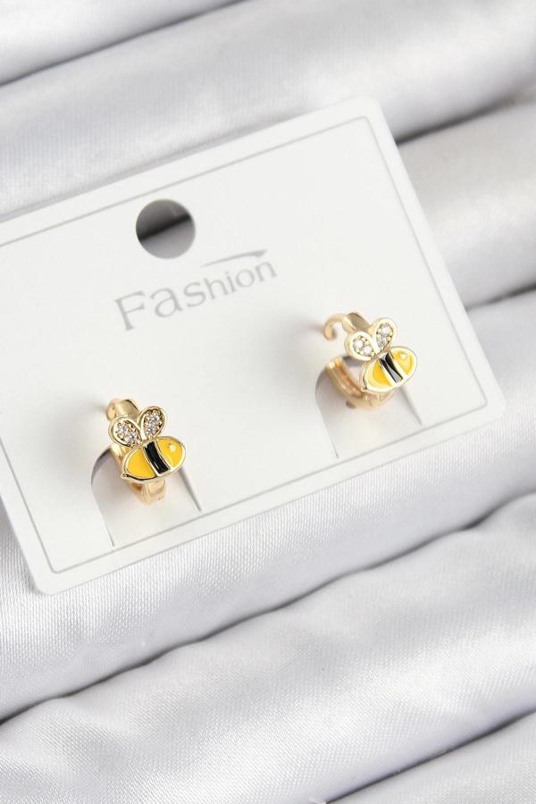 Pirinç Zirkon Taşlı Arı Model Gold Renk Çocuk Küpe - Image 1