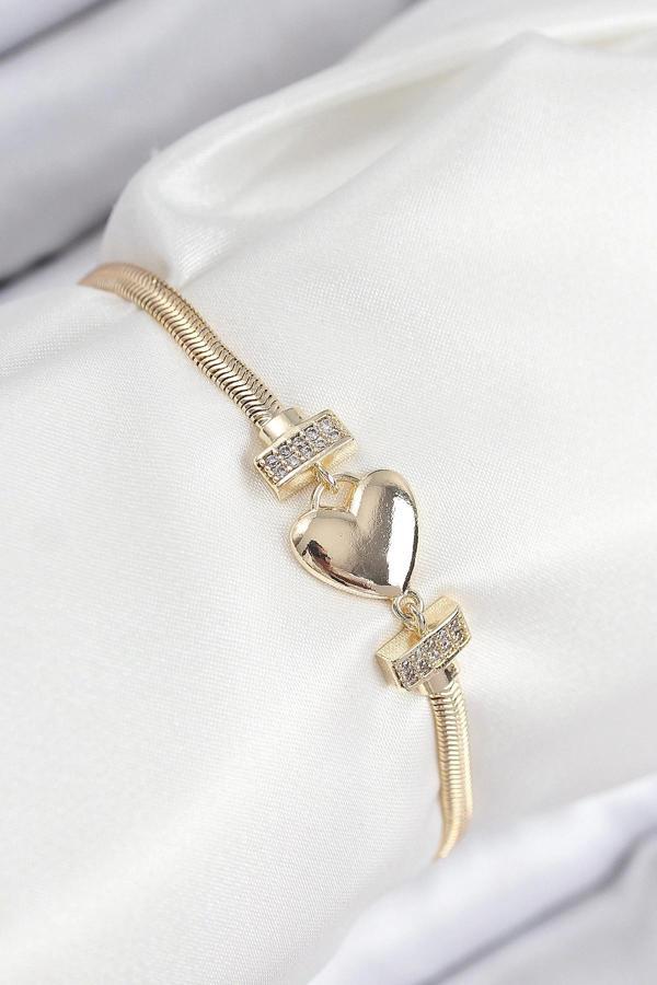 Pirinç Zirkon Taşlı Kalp Model Gold Renk Kadın Bileklik - Image 1