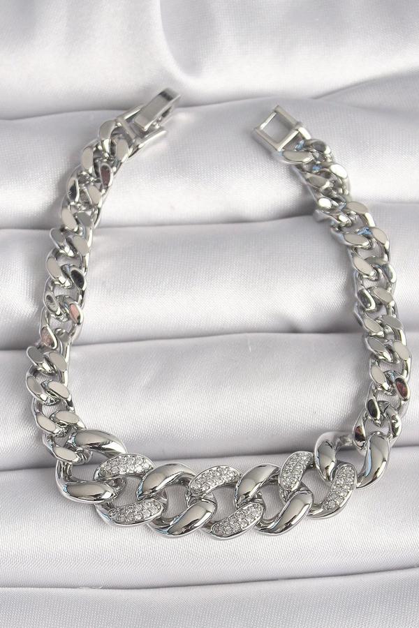 Pirinç Gümüş Renk Zirkon Taşlı Kalın Halka Model Kadın Bileklik - Image 1