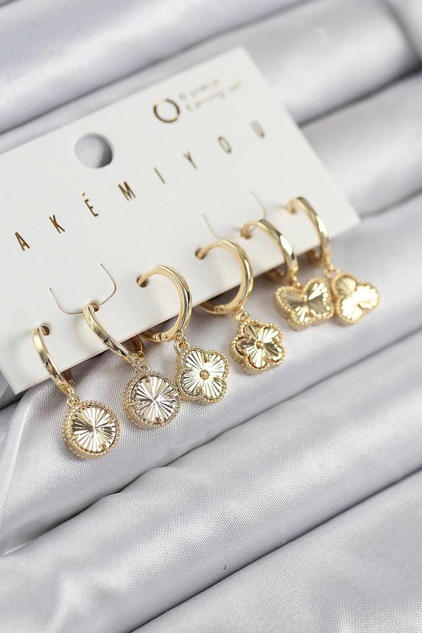 Pirinç Zirkon Taşlı Yonca Model Gold Renk 6'lı Küpe Set - Image 1