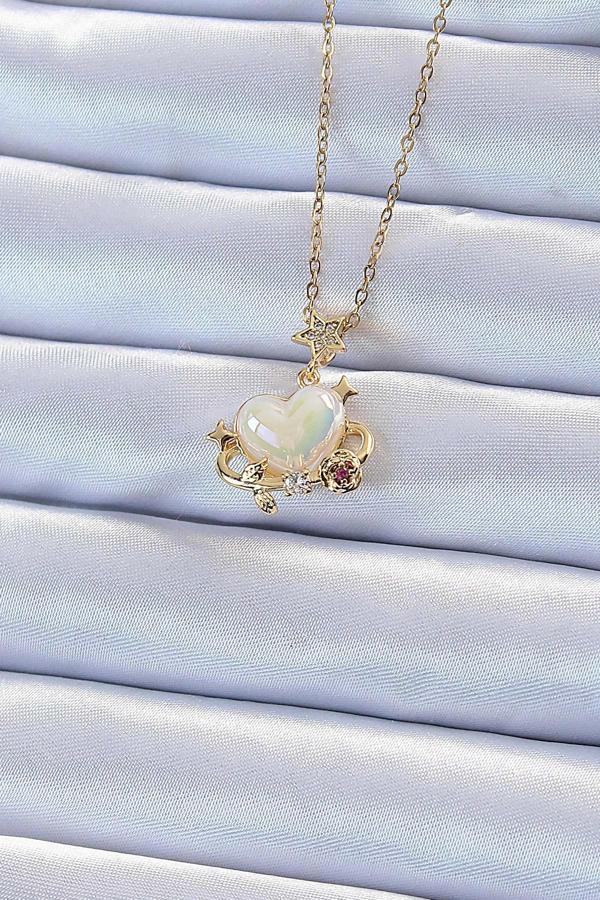 316L Çelik Zincir Altın Renk Zirkon Taşlı Gezegen Görünümlü Kalp Kolye - Image 1