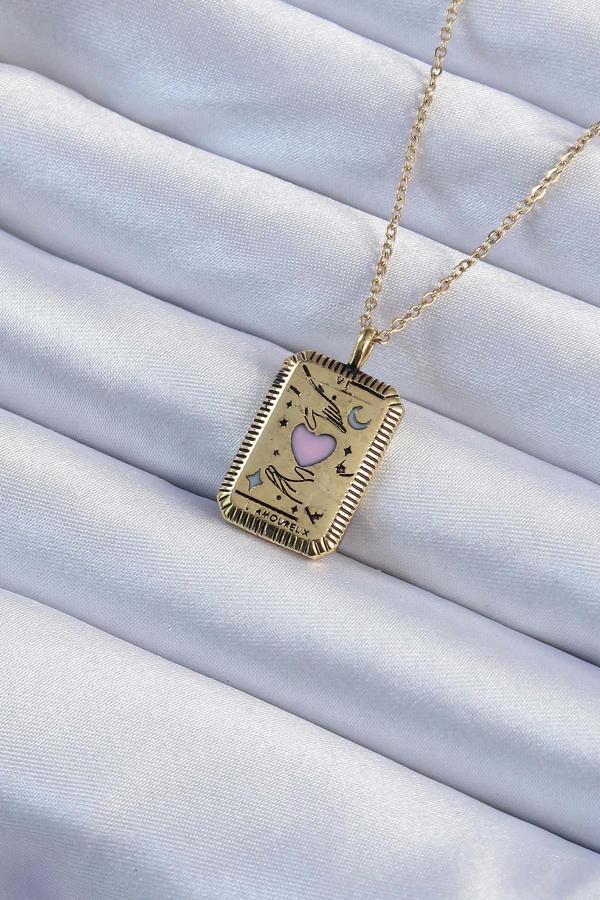 316L Çelik Zincir Eskitme Altın Renk Pembe Mineli Kalp Figürlü Tarot Kolye - Image 1