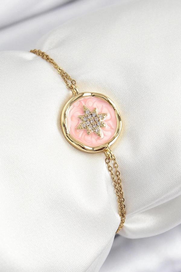 316L Çelik Zincir Pembe Mineli Sanatsal Portre Kuzey Yıldızı Model Gold Renk Kadın Bileklik - Image 1