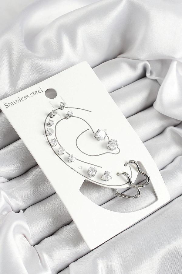 316L Çelik Kalp Figürlü Ve Zirkon Taşlı Gümüş Renk 7'li Çift Kadın Küpe Set - Image 1