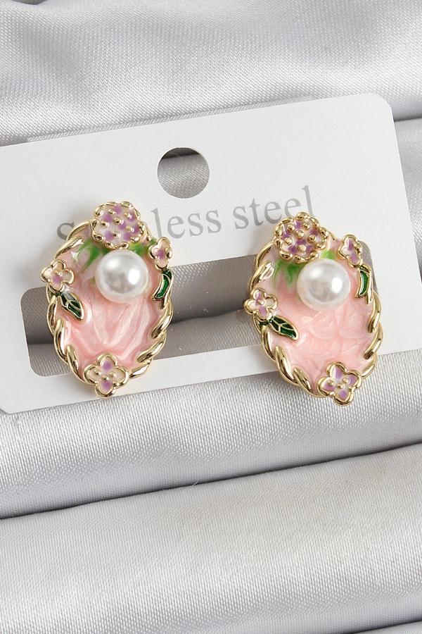 Pirinç Pembe Mineli İnci Detaylı Sanatsal Portre Model Gold Renk Kadın Küpe - Image 1