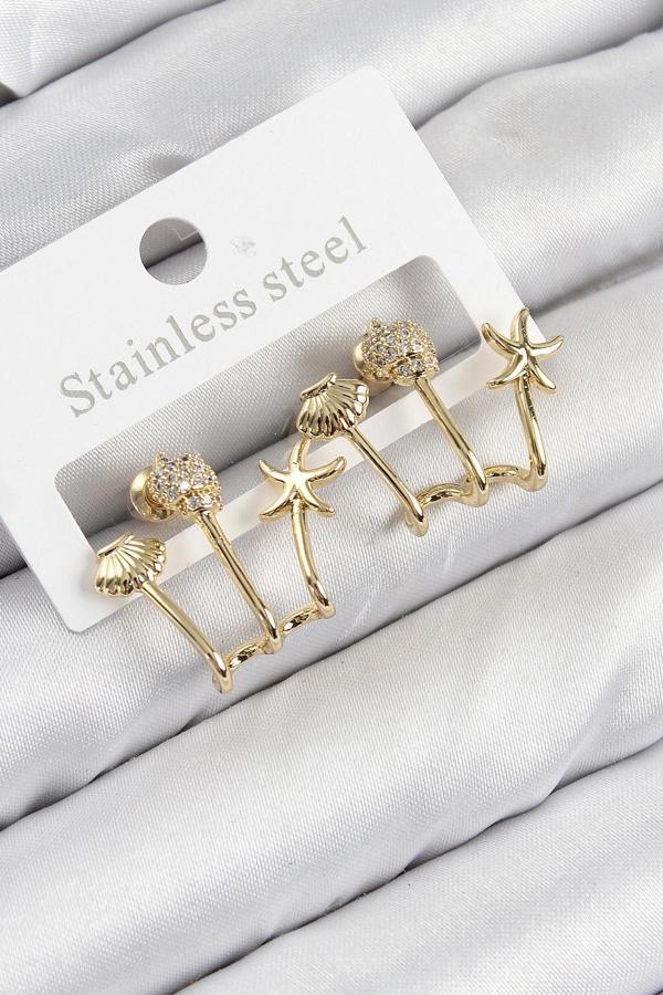 Pirinç Zirkon Taşlı Deniz Yıldızı ve İstiridye Model Gold Renk Kadın Küpe - Image 1