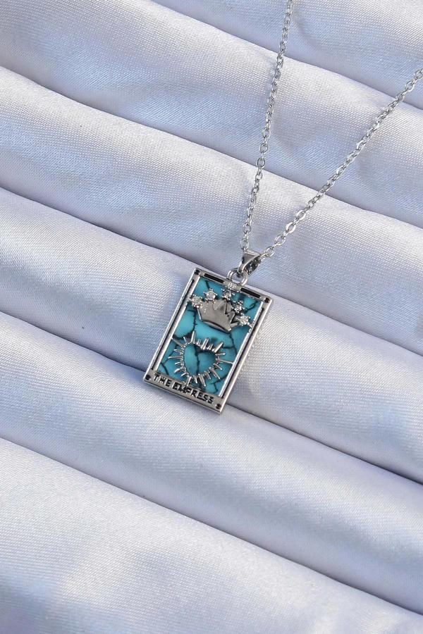 316L Çelik Zincir Gümüş Renk Zirkon Taşlı Mavi Mermer Desenli Taç Model Tarot Kolye - Image 1