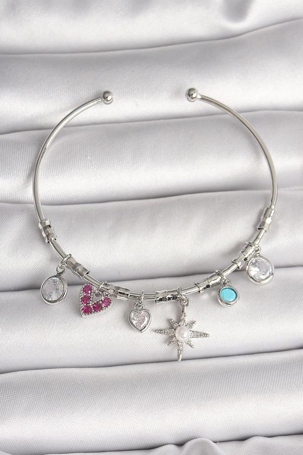 Pirinç Gümüş Renk Sallantı Zirkon Taşlı Kutup Yıldız Figür Kalp Detay Charm Kadın Bileklik - Image 1