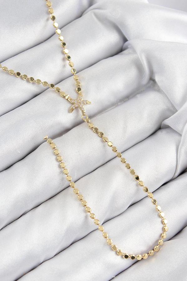 Pirinç Zirkon Taşlı Ezme Zincirli Deniz Yıldızı Model Gold Renk Y Kolye - Image 1