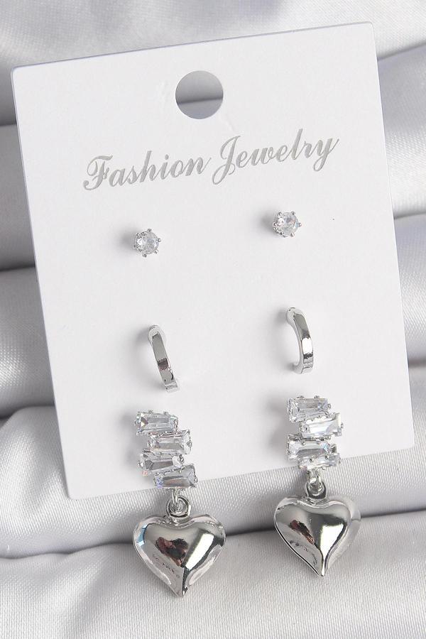 Pirinç Gümüş Renk Zirkon Taşlı Sallantılı Kalp Model Yarım Halka Detay 3 Çfit Kadın Küpe Seti - Image 1