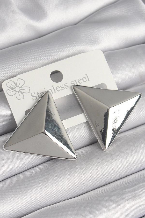 Pirinç Gümüş Renk 3D Üçgen Model Kadın Küpe - Image 1