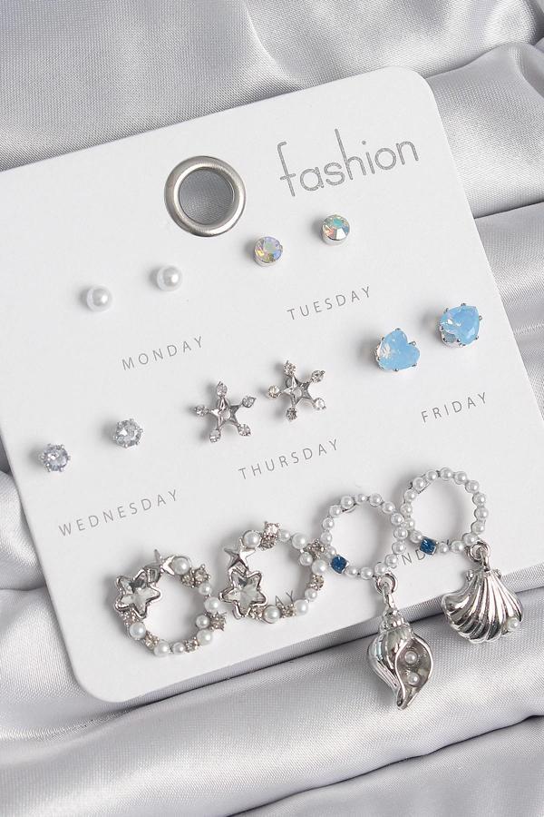 Pirinç Gümüş Renk İncli Zirkon Taşlı Halka Figür Yıldız Detay 7 Çift Kadın Küpe Seti - Image 1