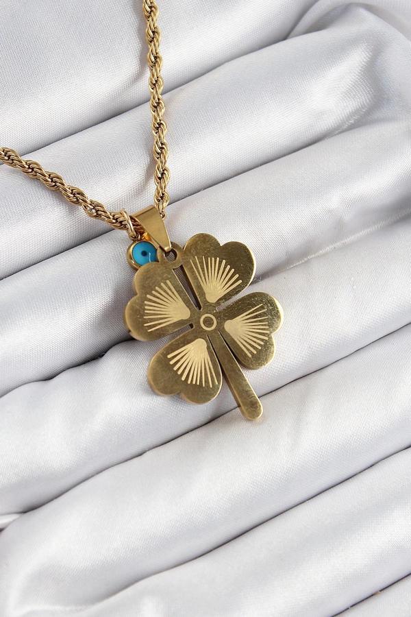 316L Çelik Burgu Zincirli Nazar Detaylı Yonca Model Gold Renk Kadın Kolye - Image 1